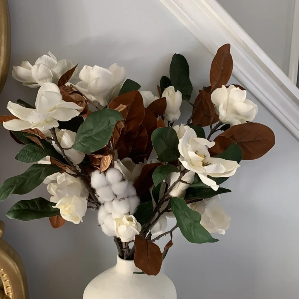 Magnolia 7‎ stems and one cotton greenery tall home decor realistic